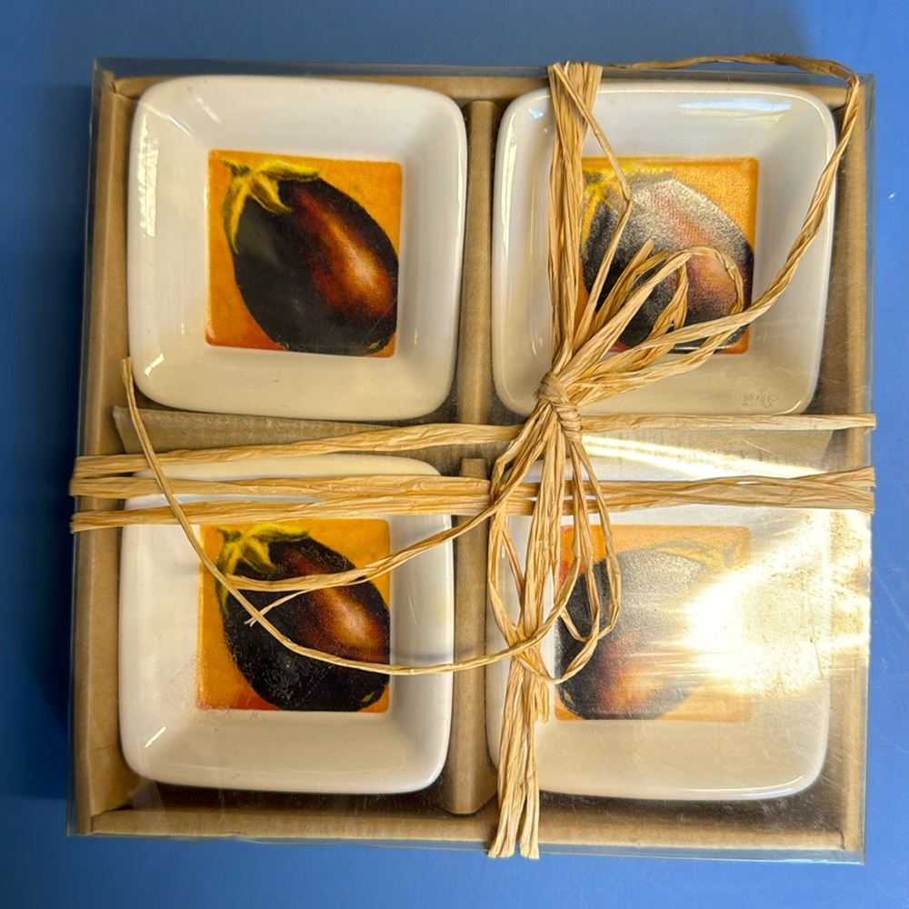 Four piece dipping bowl set, NIB, eggplant motif